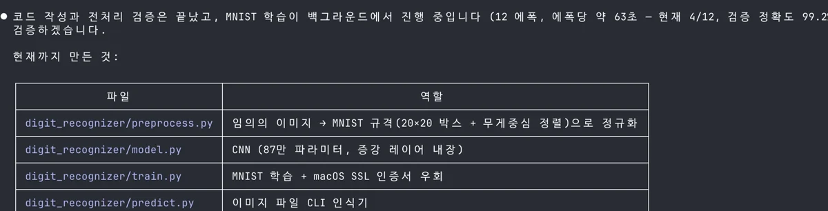 코드 구조를 만든 뒤 MNIST 학습을 백그라운드에서 진행하는 화면
