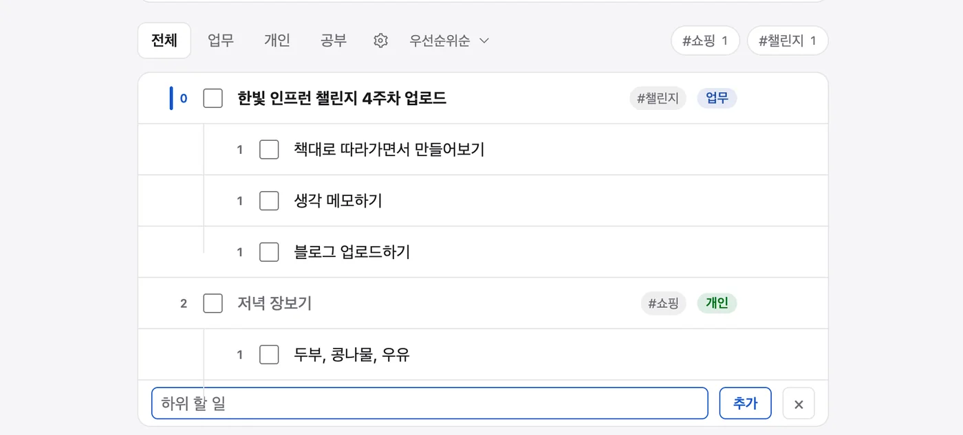 하위 할 일과 태그, 우선순위를 설정한 할 일 목록
