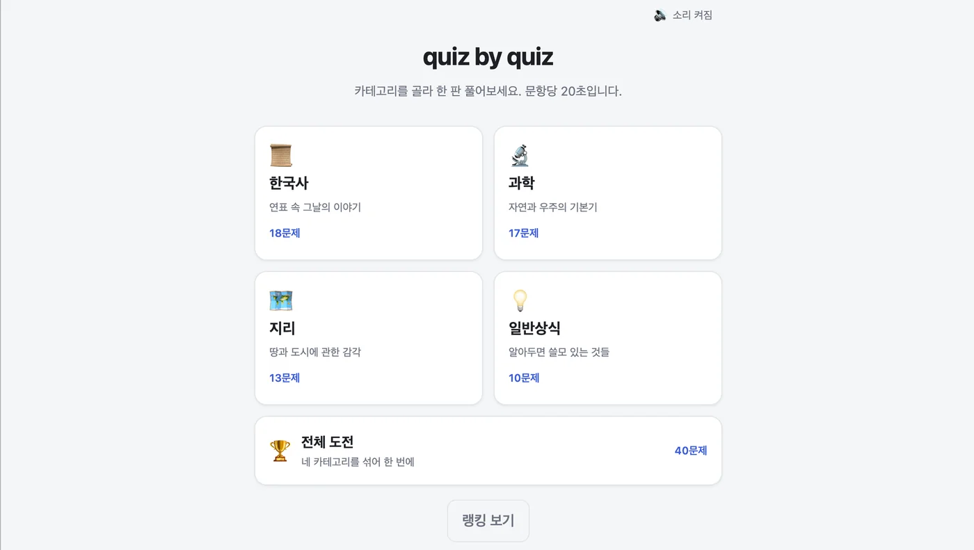 quiz by quiz의 카테고리 선택 메인 화면