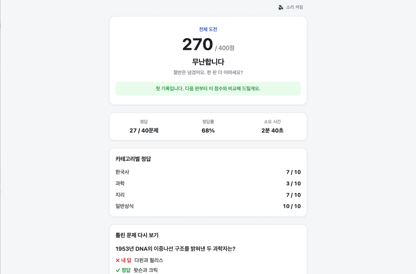 점수와 분야별 결과가 표시된 퀴즈 결과 화면